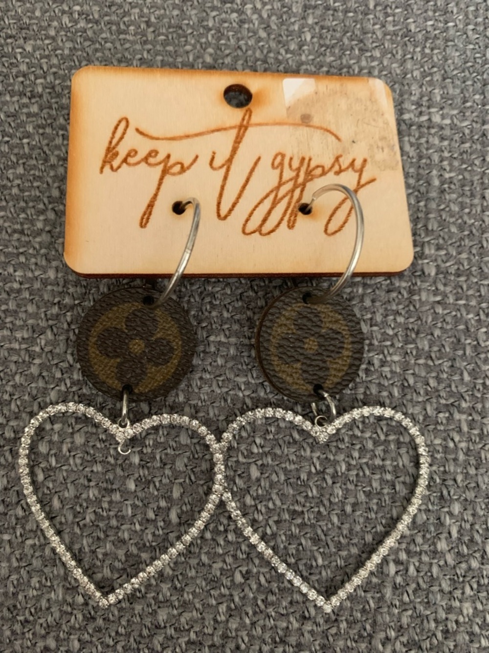 Crystal Heart Drop Earrings with Brown Accent Discs